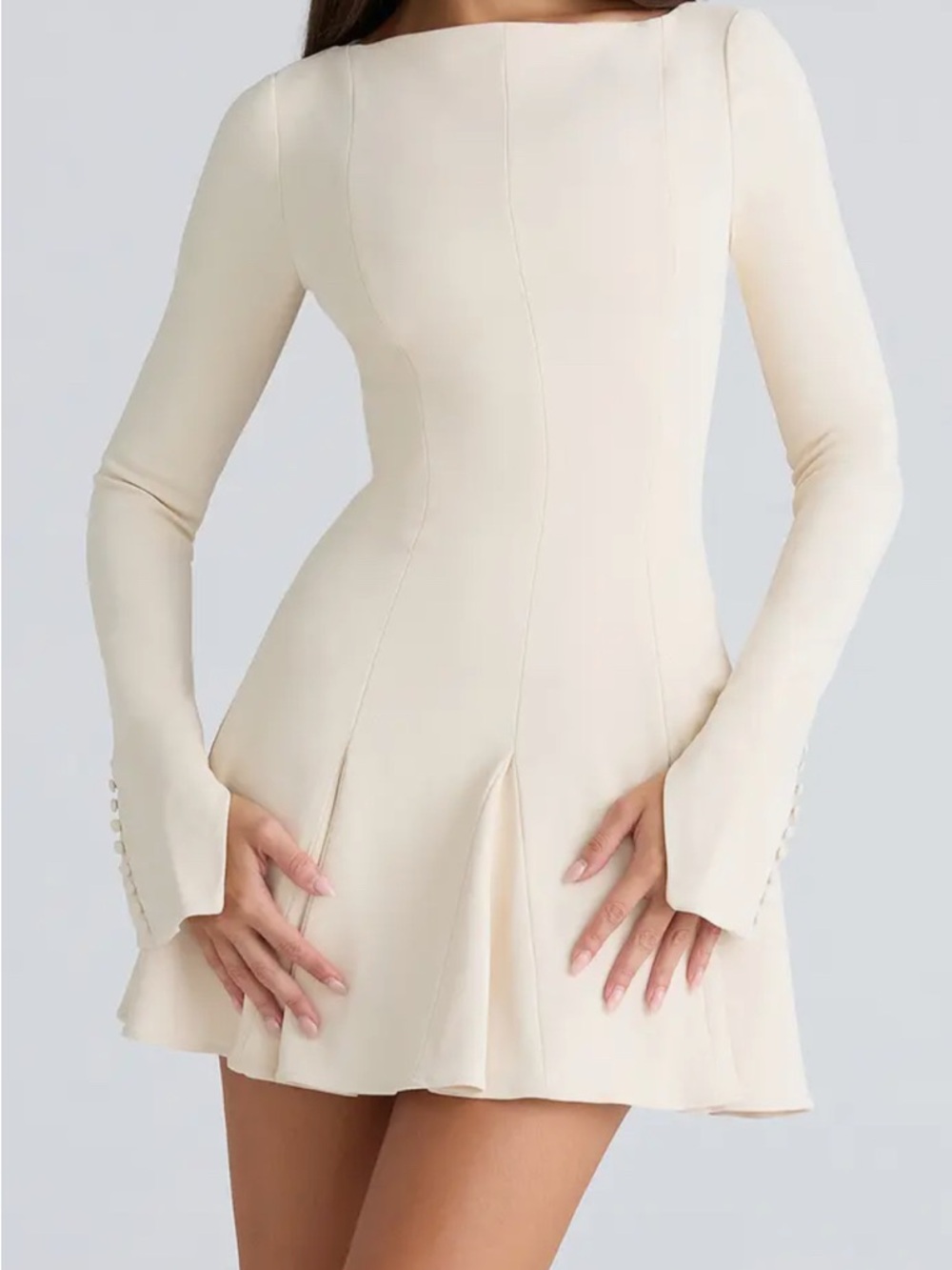 House of CB Francesca Cream Long-Sleeve Fit & Flare Mini Dress